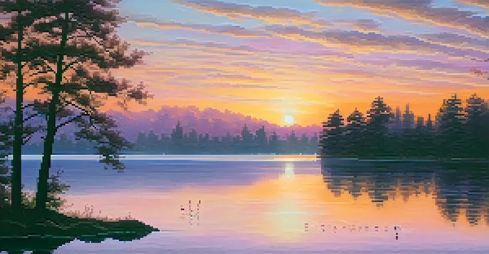 A scenic sunset over a tranquil lake, with silhouetted trees and colorful reflections on the water.
