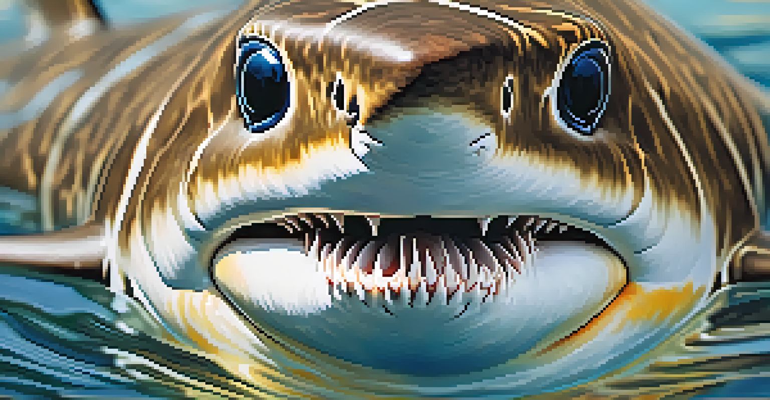 Close-up of a shark's face, highlighting its textures and features, with a blurred water surface above.