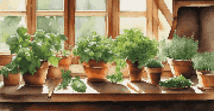 A sunlit kitchen with various indoor herbs in pots, including basil, chives, and mint, on a windowsill, with vegetables on a cutting board in the background.