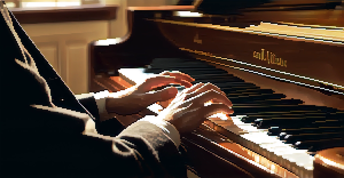 Close-up of a musician's hands playing a grand piano, with sheet music and warm ambient lighting.