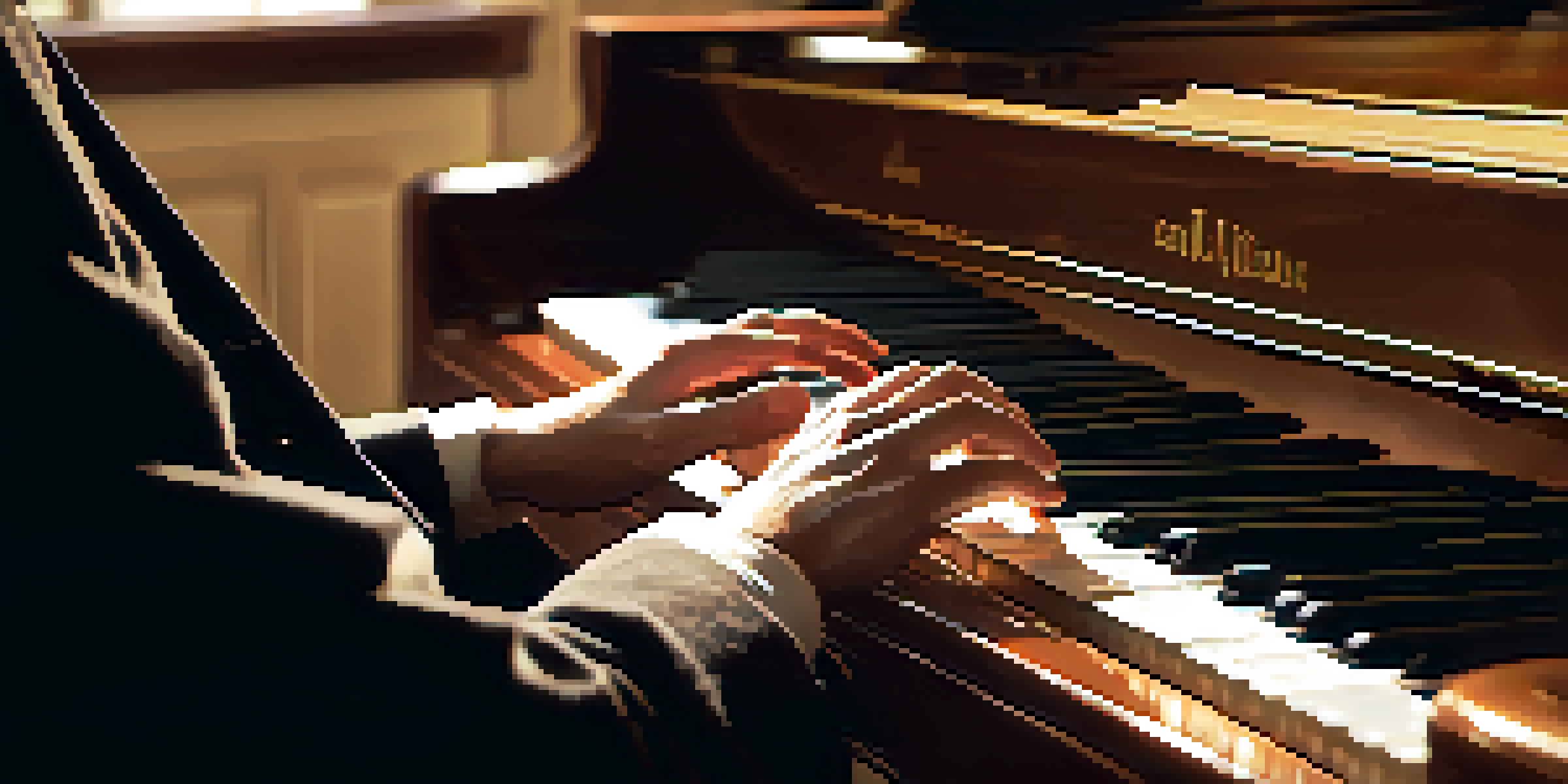 Close-up of a musician's hands playing a grand piano, with sheet music and warm ambient lighting.