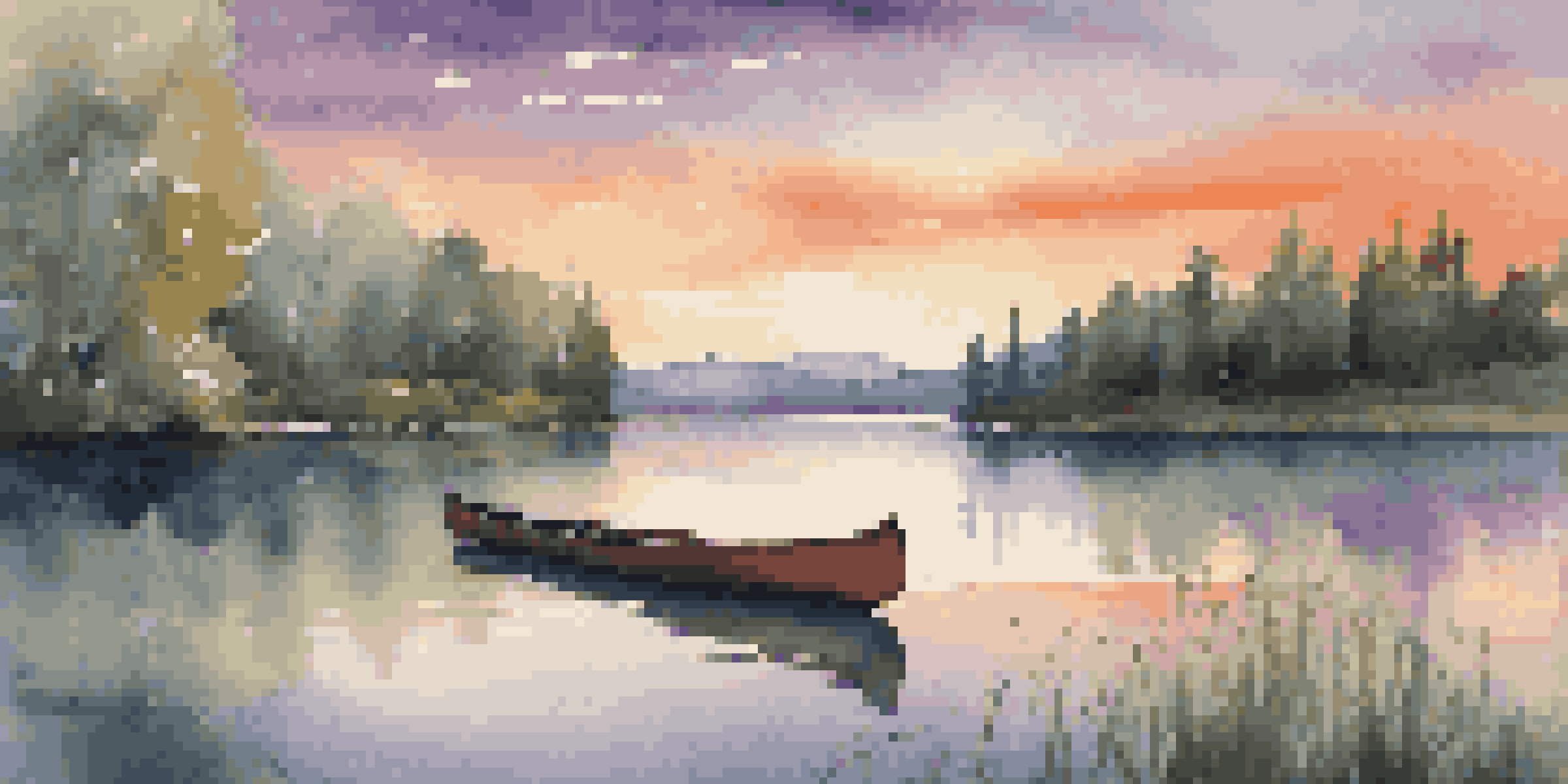 A peaceful sunset landscape with a lake, trees, and mountains, showcasing vibrant colors in the sky and a wooden dock.