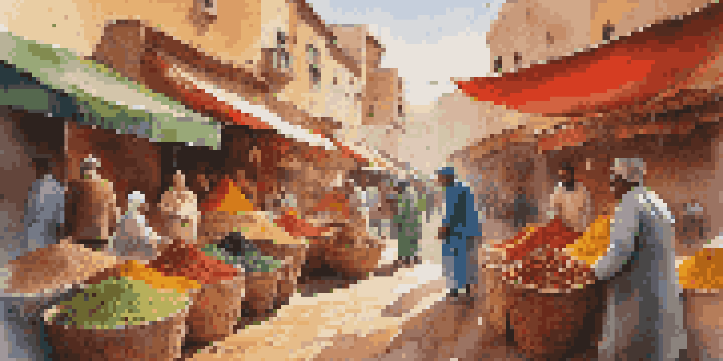 A bustling Moroccan market featuring colorful spices, fruits, and a smiling vendor, illuminated by warm sunlight.