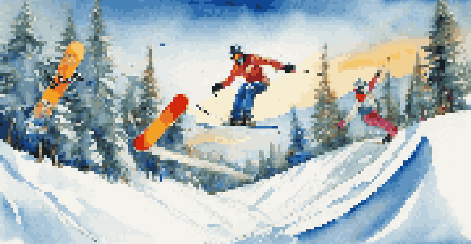 Group of freestyle skiers in a terrain park, enjoying and practicing tricks together in a snowy environment.