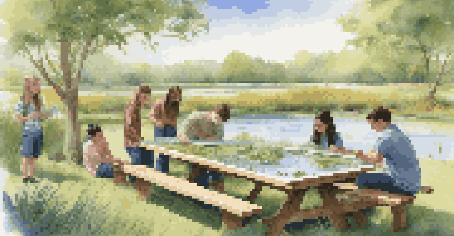 Students interacting with a scale model of a wetland ecosystem outdoors, discussing the various elements represented in a natural setting.