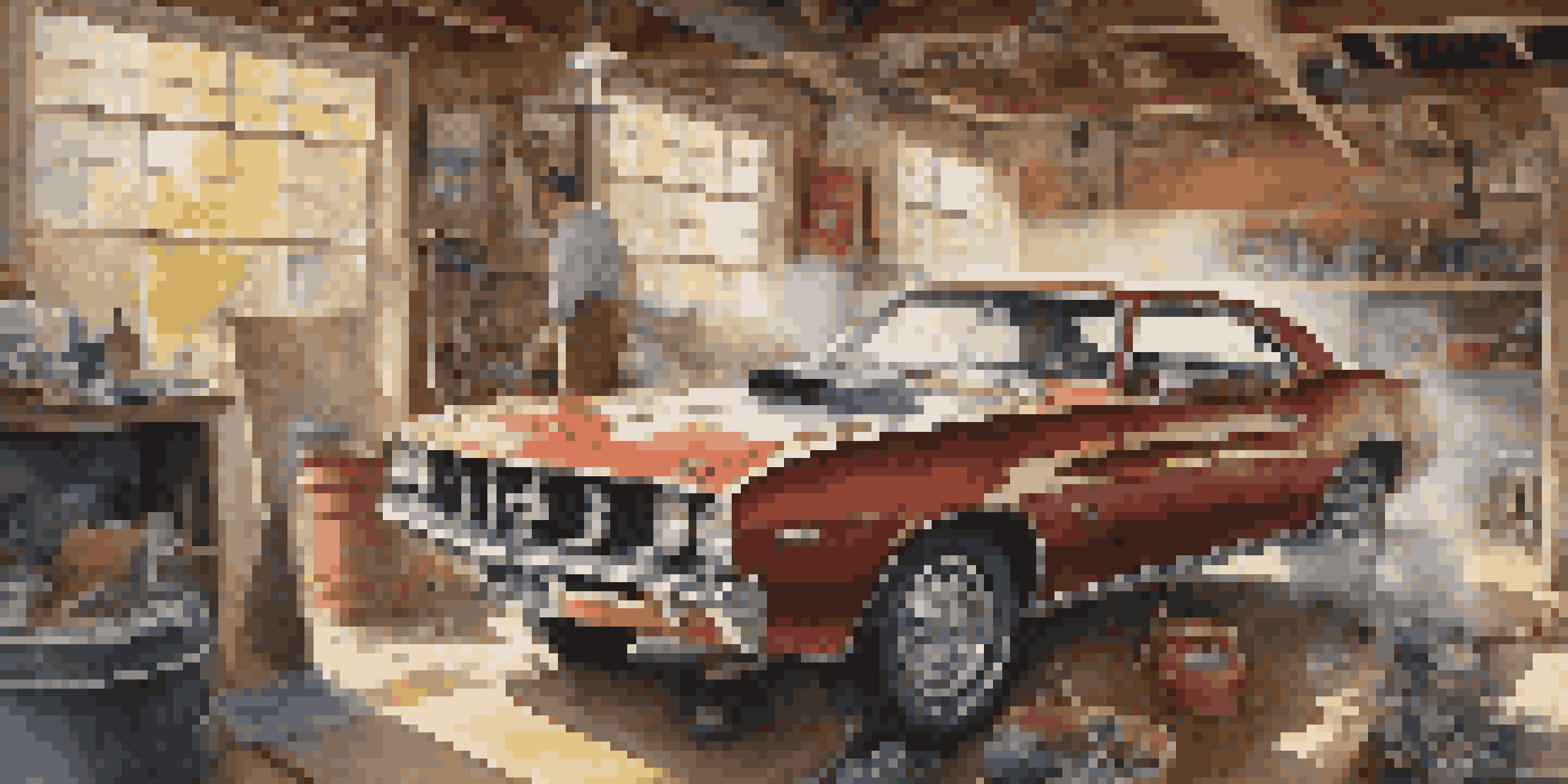 A vintage car enthusiast working on restoring a classic muscle car in a bright garage filled with tools and car parts.