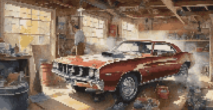 A vintage car enthusiast working on restoring a classic muscle car in a bright garage filled with tools and car parts.