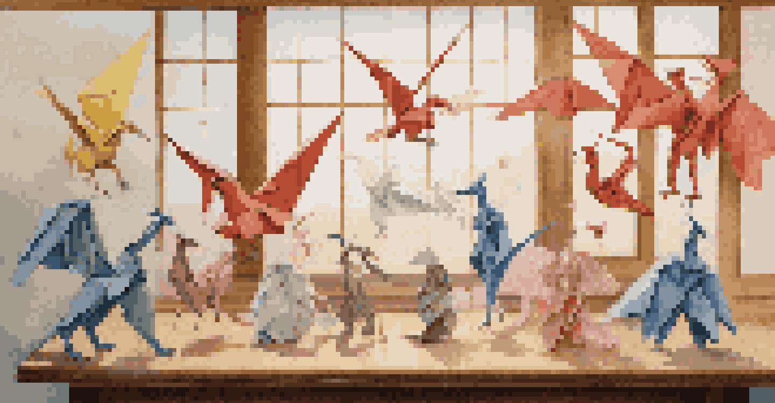 A collection of origami characters including a dragon and a crane on a wooden table.