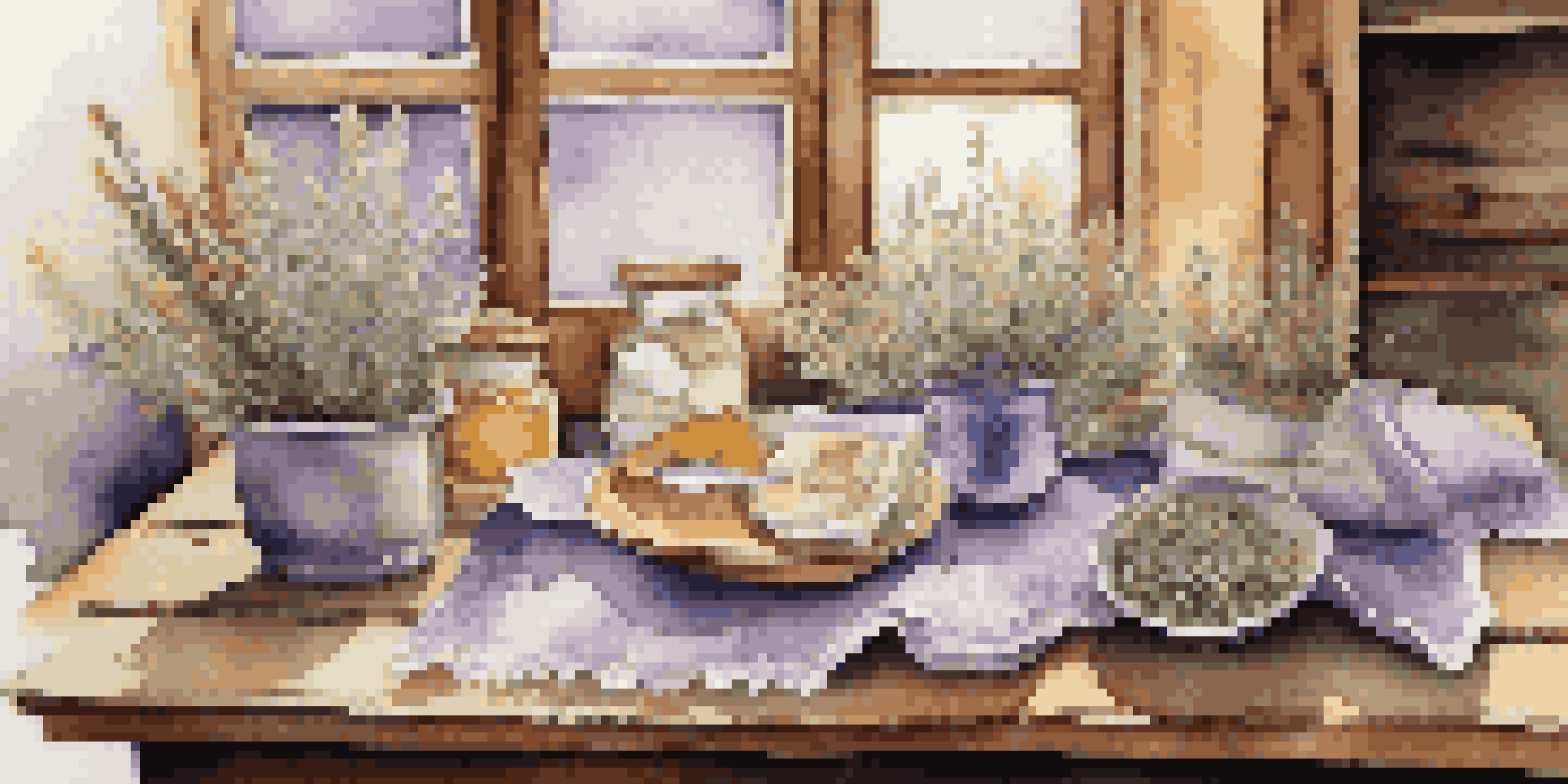 A rustic wooden table with colorful handmade scented sachets filled with dried herbs, illuminated by soft natural light.