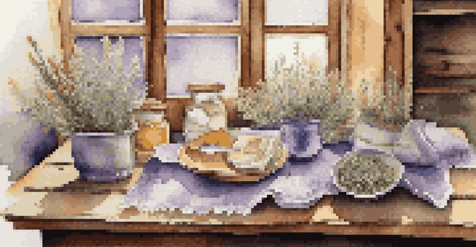 A rustic wooden table with colorful handmade scented sachets filled with dried herbs, illuminated by soft natural light.