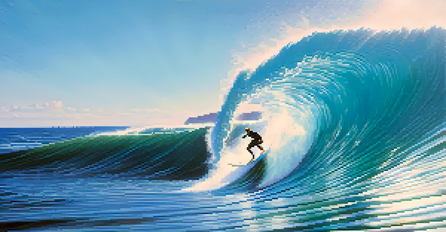 A dynamic image of a surfer riding a large wave, mid-air with sunlight reflecting off the water, and a rainbow effect from the ocean spray.