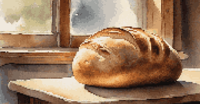 A freshly baked artisan loaf of bread on a wooden cutting board, showcasing its golden crust and fluffy interior slice under natural light.