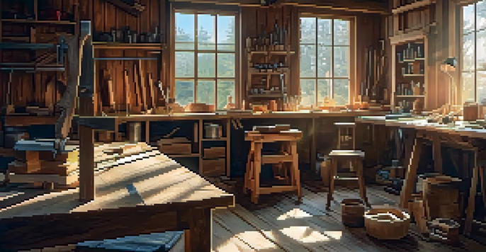 A woodworking workshop showcasing various essential tools on a workbench with warm natural light streaming in.