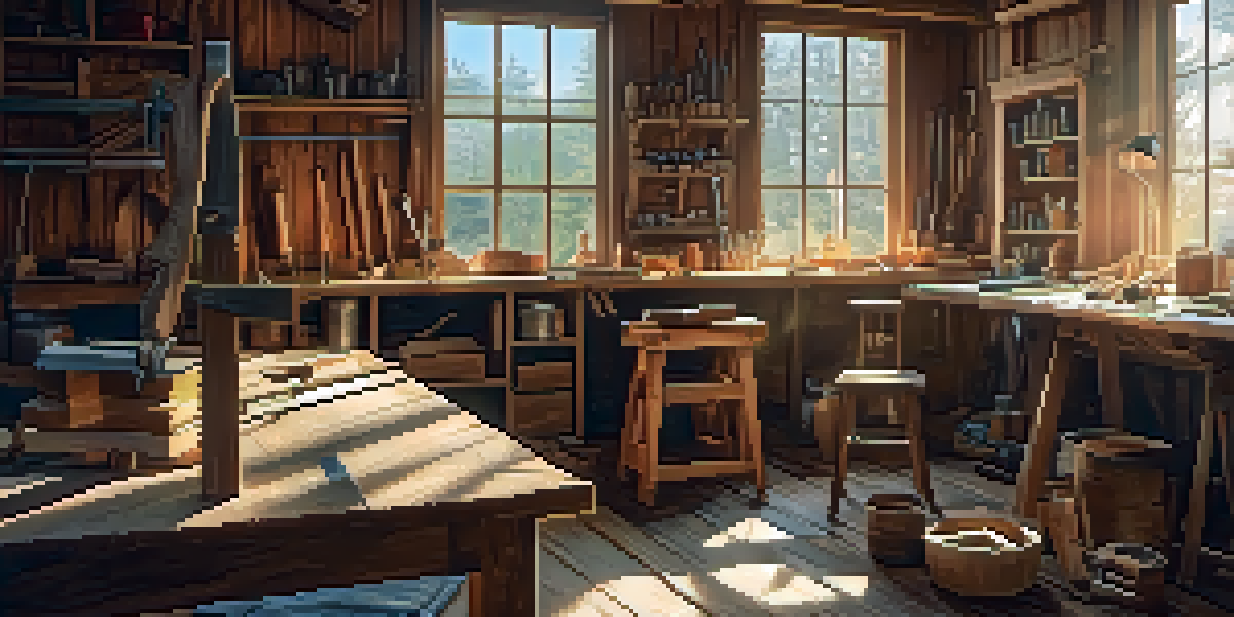 A woodworking workshop showcasing various essential tools on a workbench with warm natural light streaming in.
