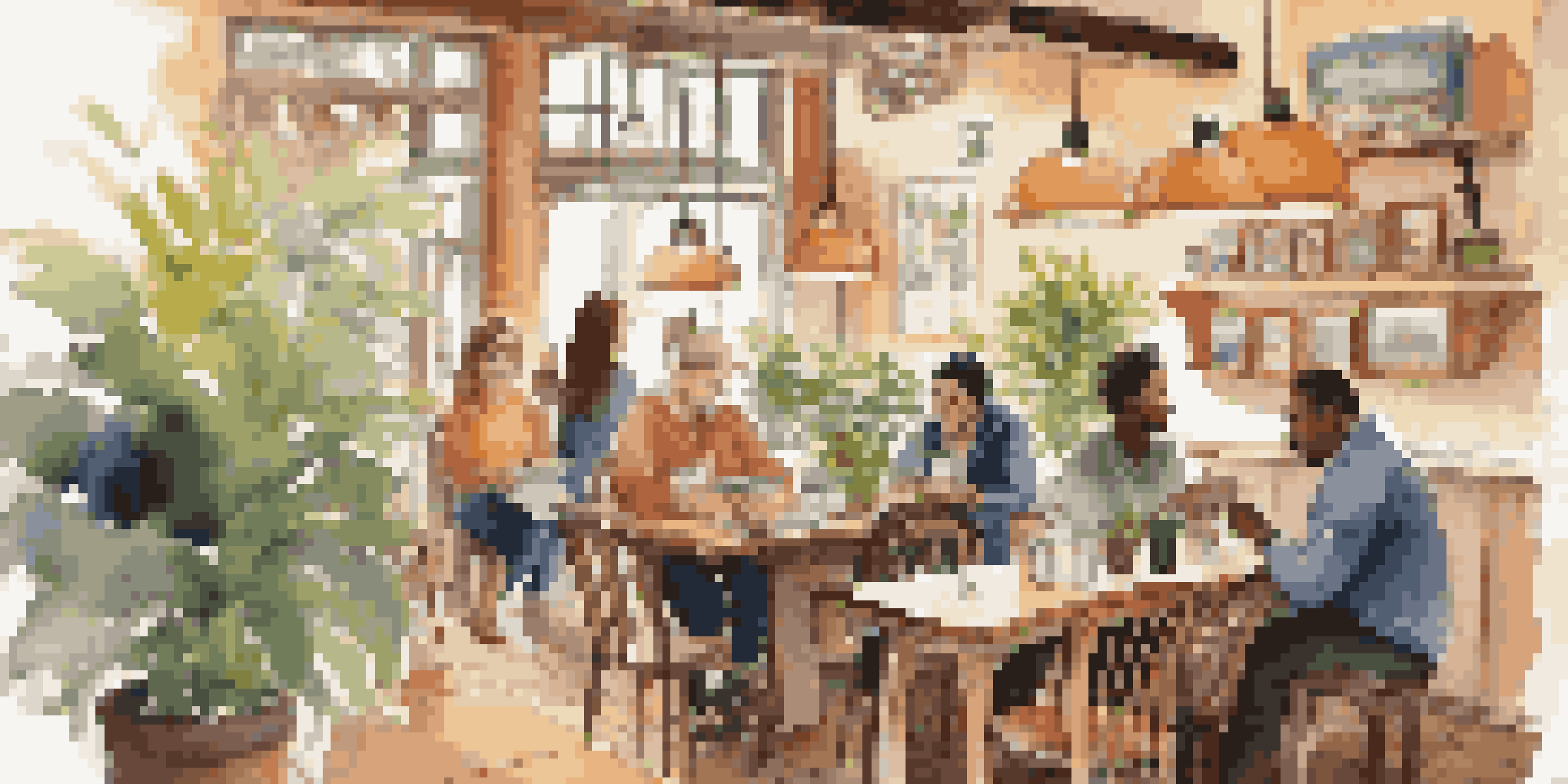 A cozy café filled with travelers discussing their adventures, surrounded by warm lighting and plants.