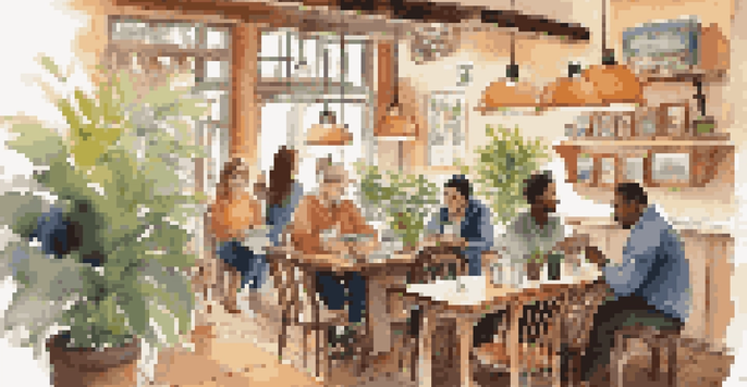 A cozy café filled with travelers discussing their adventures, surrounded by warm lighting and plants.