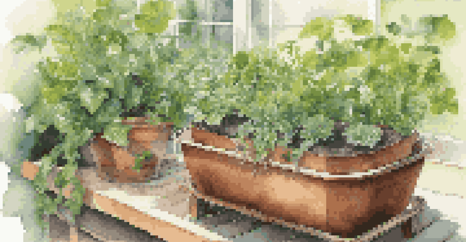 A close-up view of a self-watering container with healthy green plants, showcasing the moisture-retaining system in a peaceful garden environment.