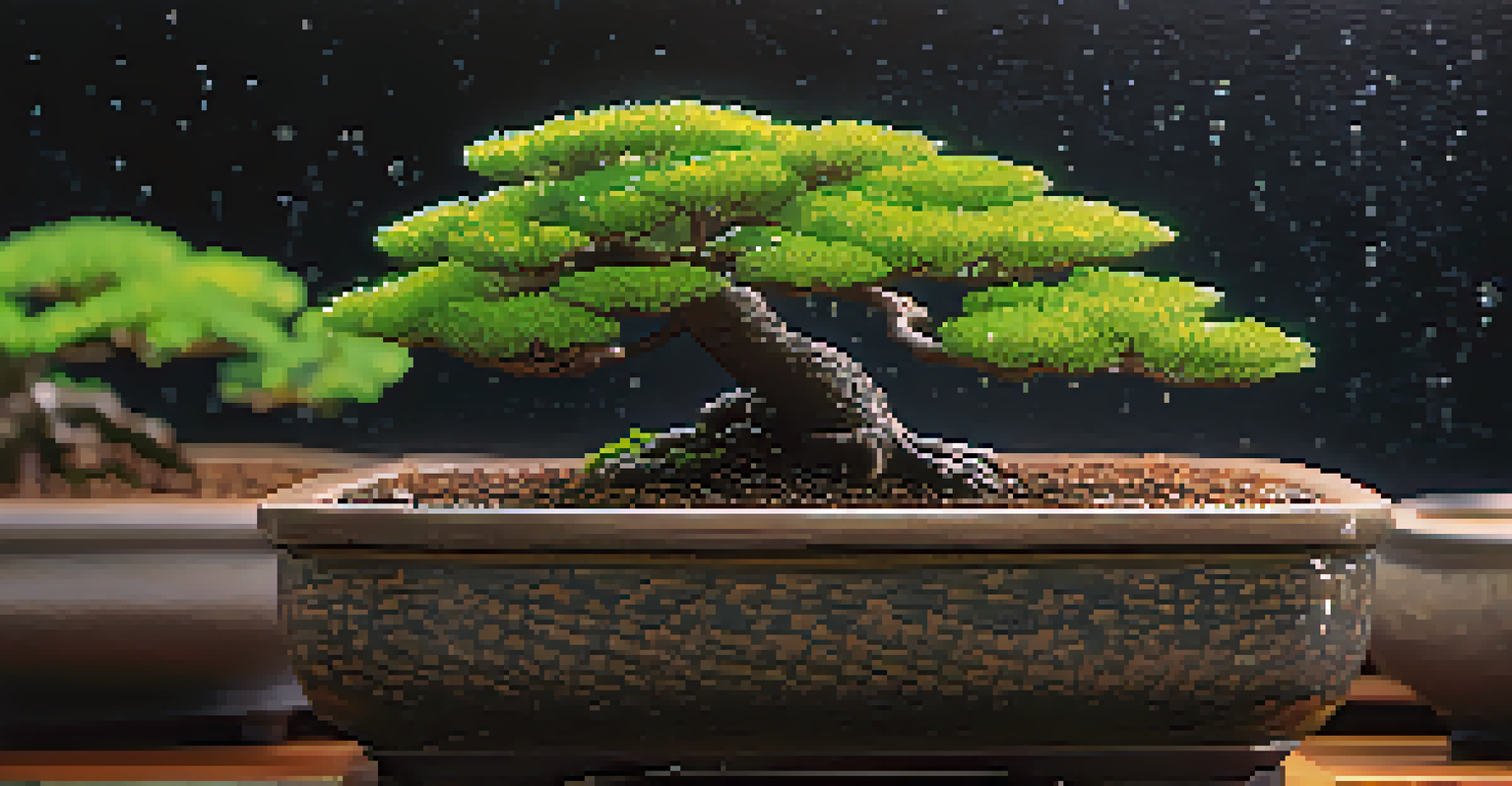 A close-up of watered bonsai soil with droplets glistening, featuring a bonsai tree in the background, illuminated by soft light.