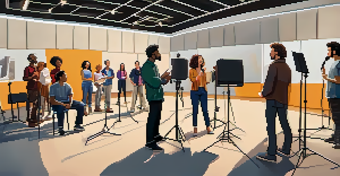 A group of diverse actors performing in a voice acting audition studio, with casting directors observing.