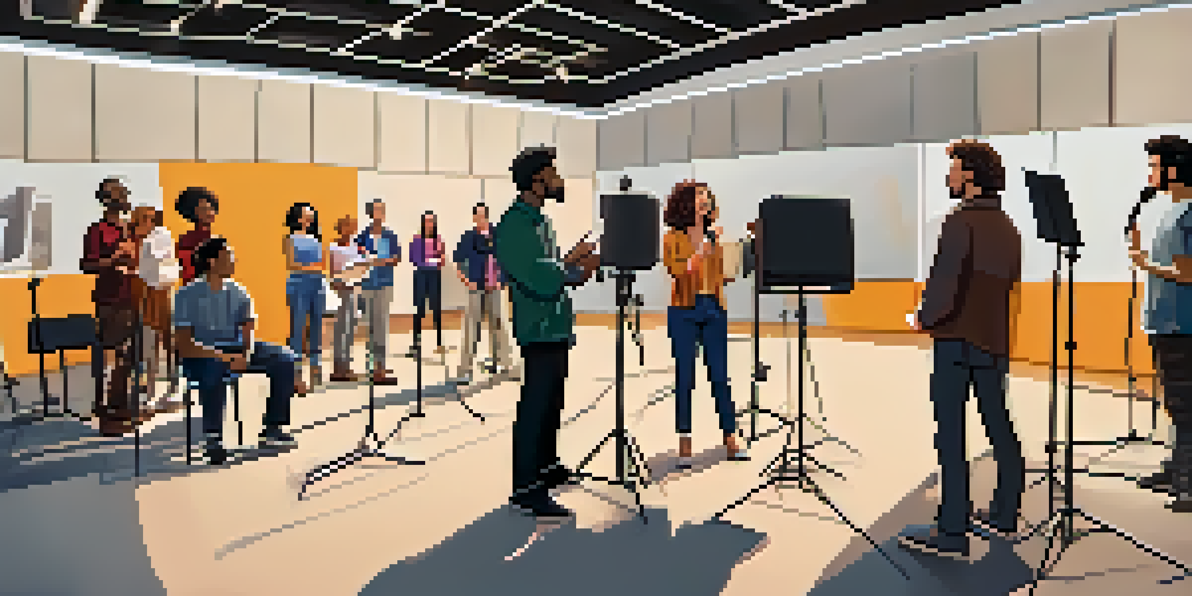 A group of diverse actors performing in a voice acting audition studio, with casting directors observing.