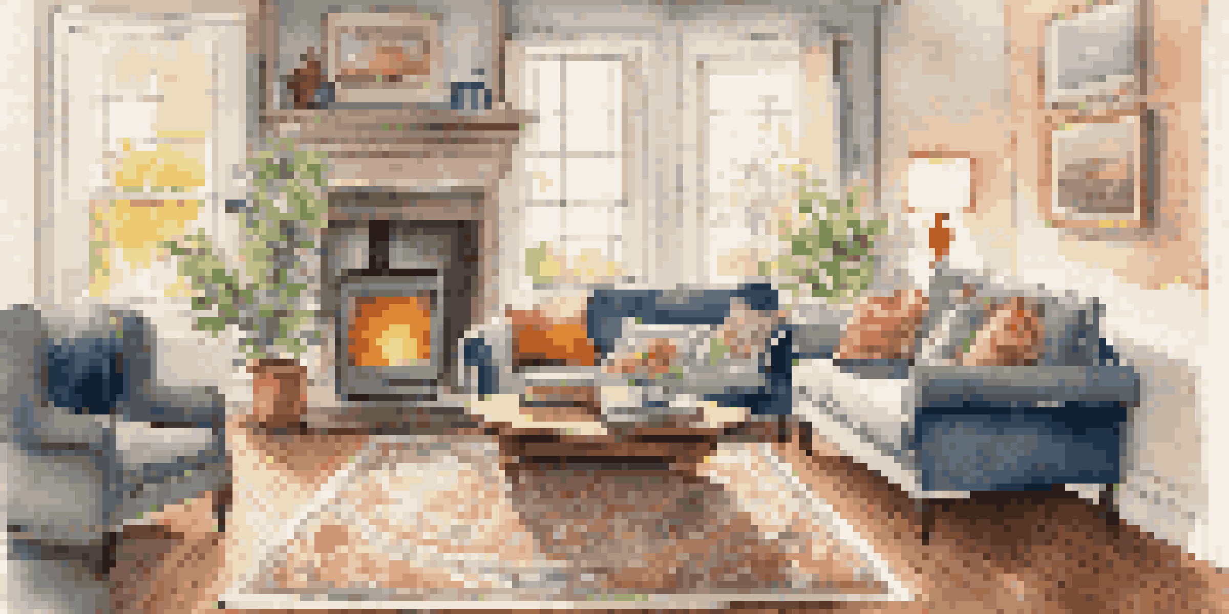 A warm and inviting living room with a soft wool rug on a wooden floor, natural light streaming in from large windows, and a cozy sofa with pillows.