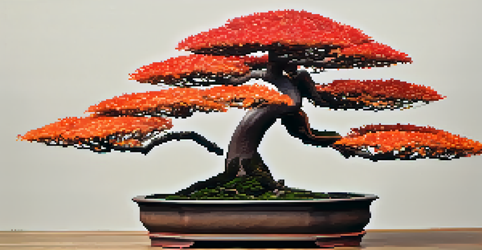 A bonsai tree with bright red and orange autumn leaves in a dark pot, illuminated by soft natural light.