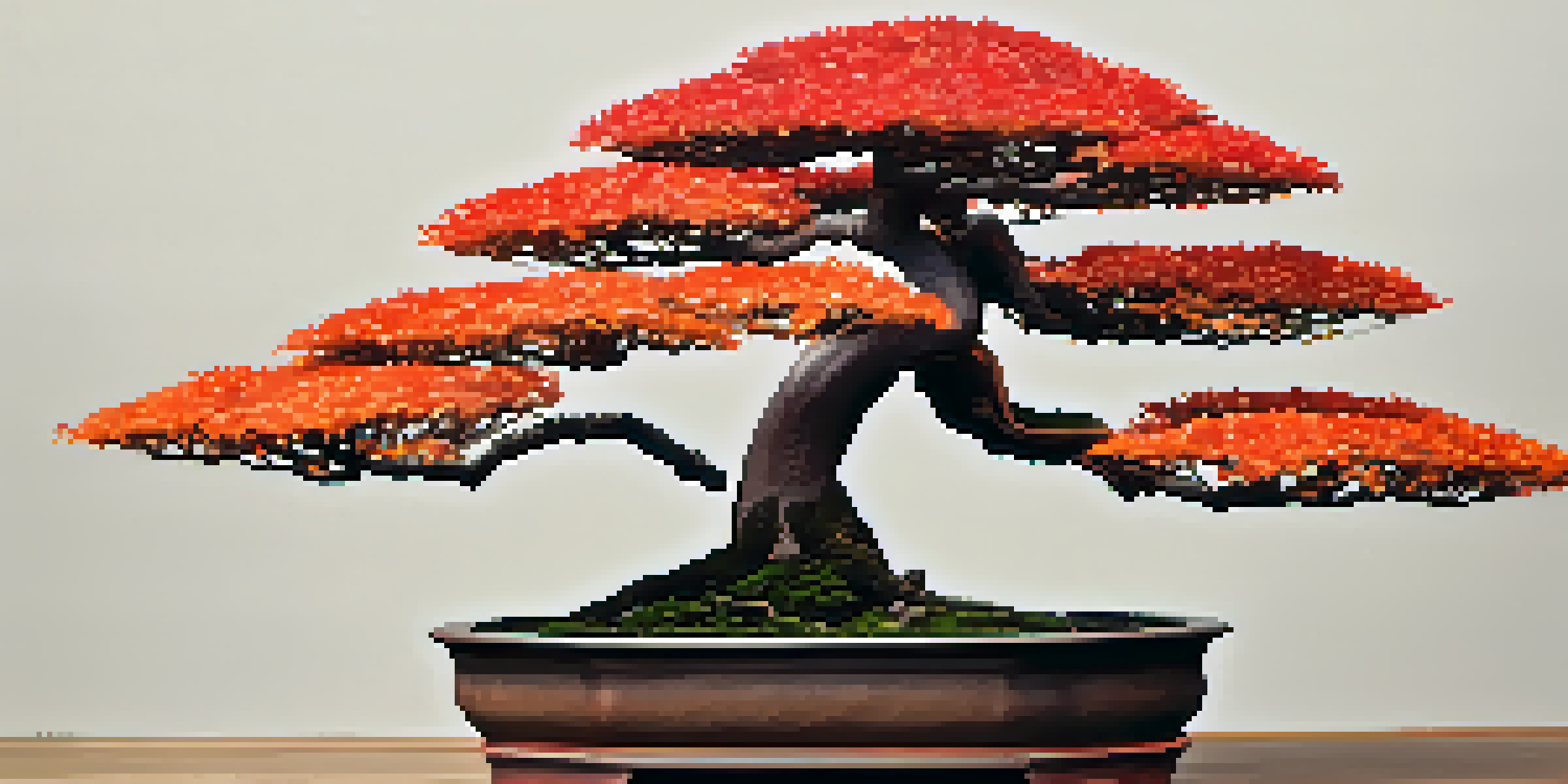 A bonsai tree with bright red and orange autumn leaves in a dark pot, illuminated by soft natural light.