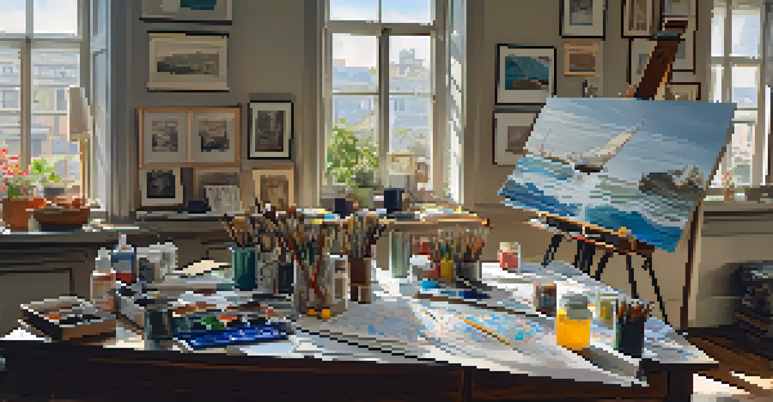 An artist's workspace with sketches, a canvas, and vibrant paints in a sunlit room.