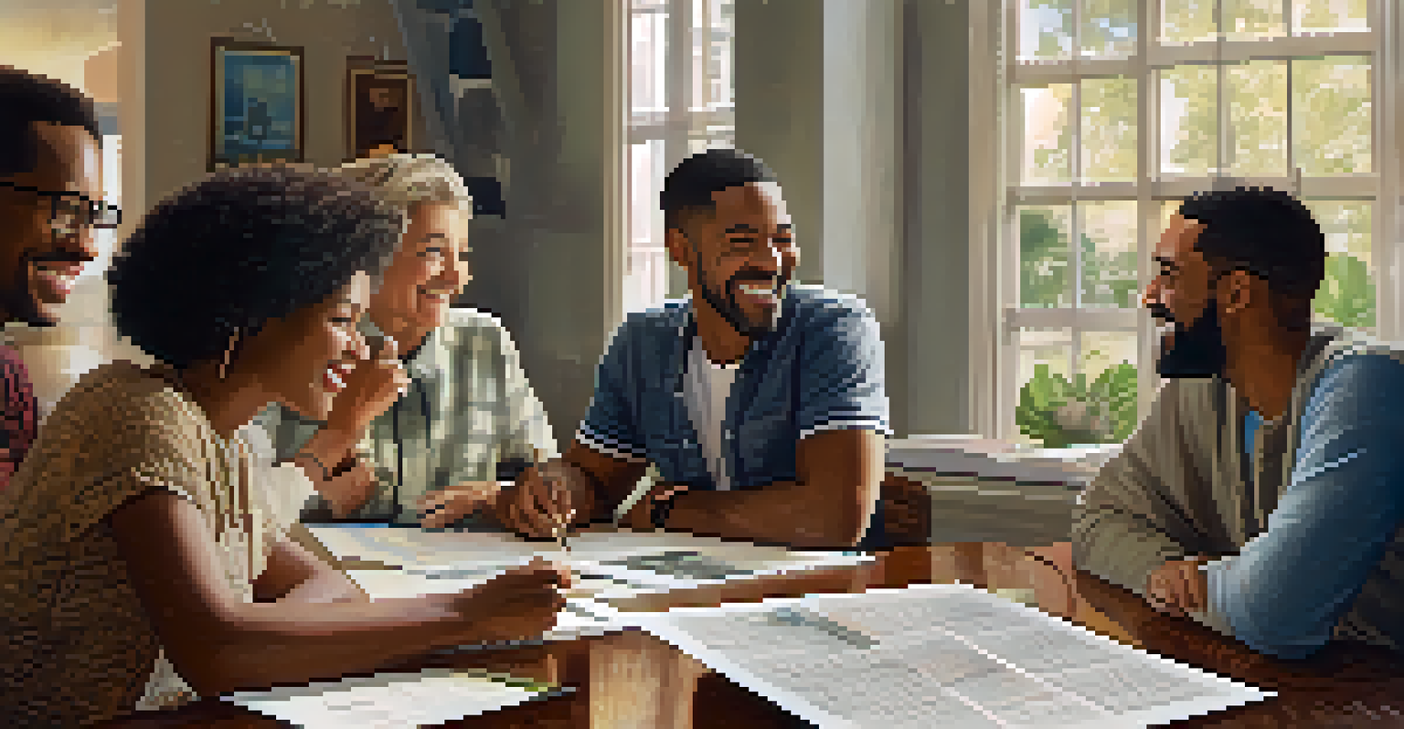 A diverse group of people around a table discussing family history, with a laptop and printed documents, displaying a collaborative spirit.