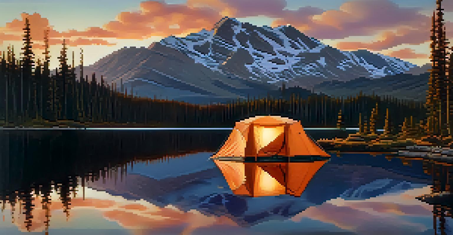 A camping scene by a lake with a tent and mountains reflecting in the water during sunset.