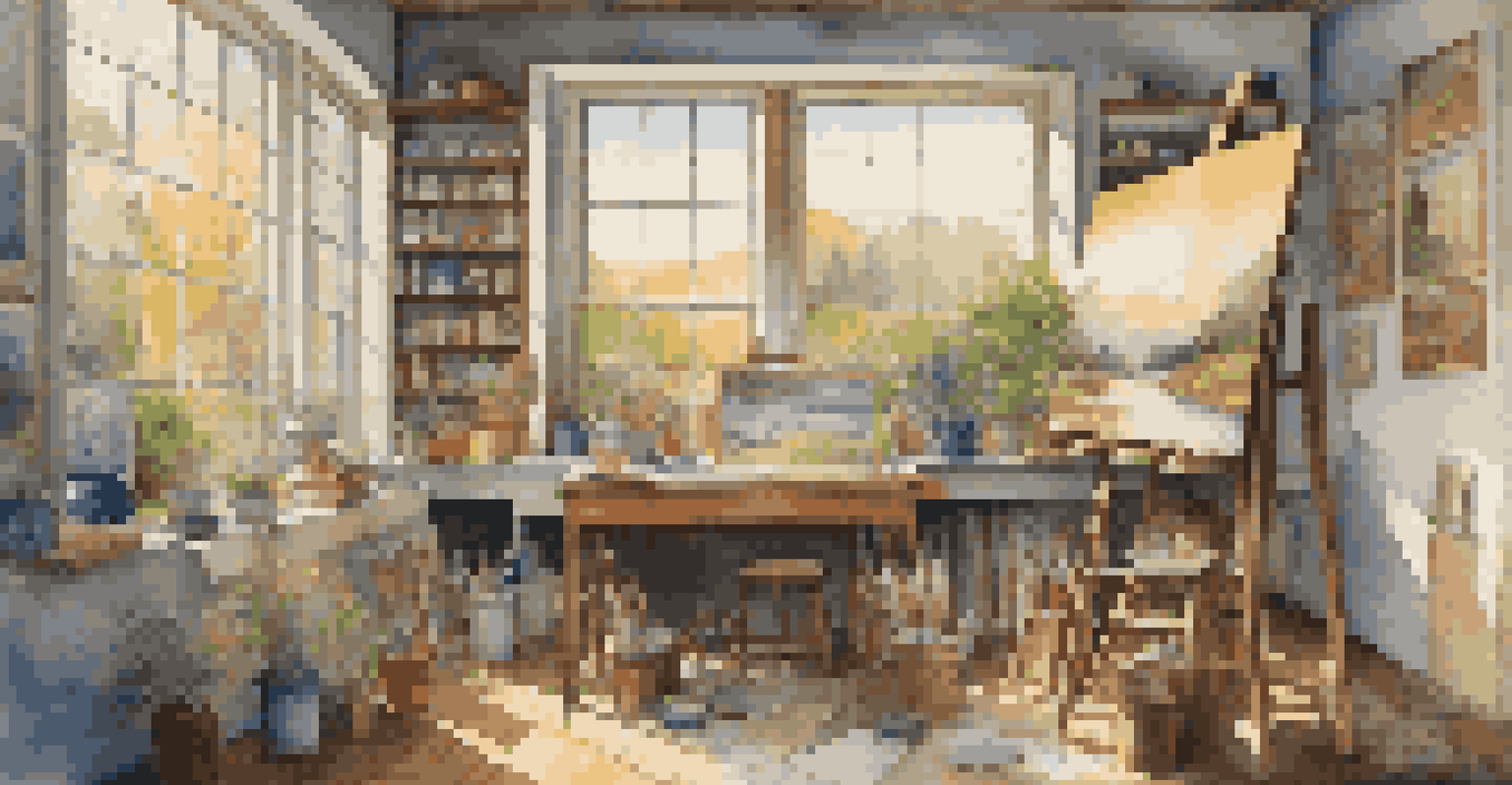 An artist's studio with canvases and paints, featuring a half-finished painting illuminated by natural light from a large window.