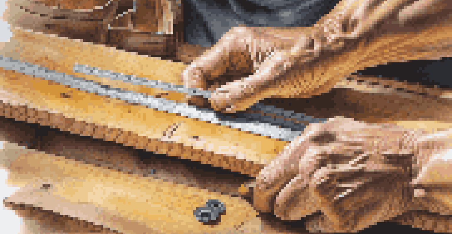 A woodworker measuring and marking wood with a tape measure and pencil, showcasing hands and tools.