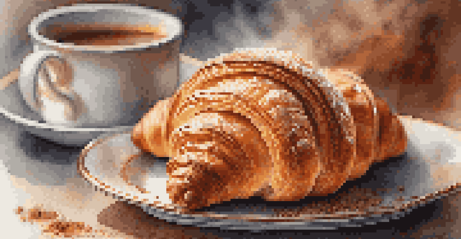 A close-up of a cinnamon sugar croissant on a decorative plate with a blurred steaming cup of spiced chai in the background, showcasing the flaky texture of the pastry.