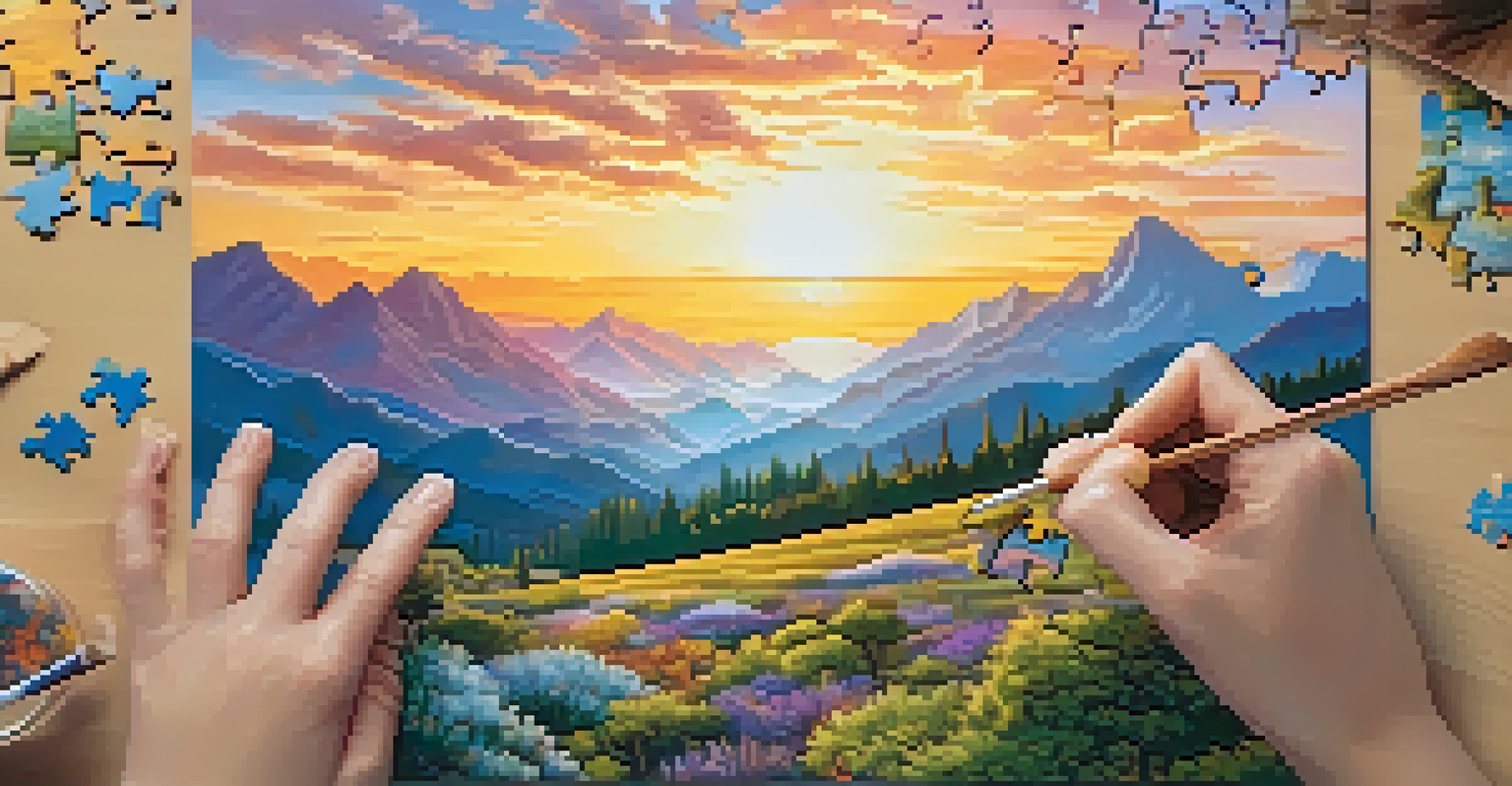 Close-up of hands placing the final piece into a jigsaw puzzle of a serene landscape, with scattered puzzle pieces on a table.