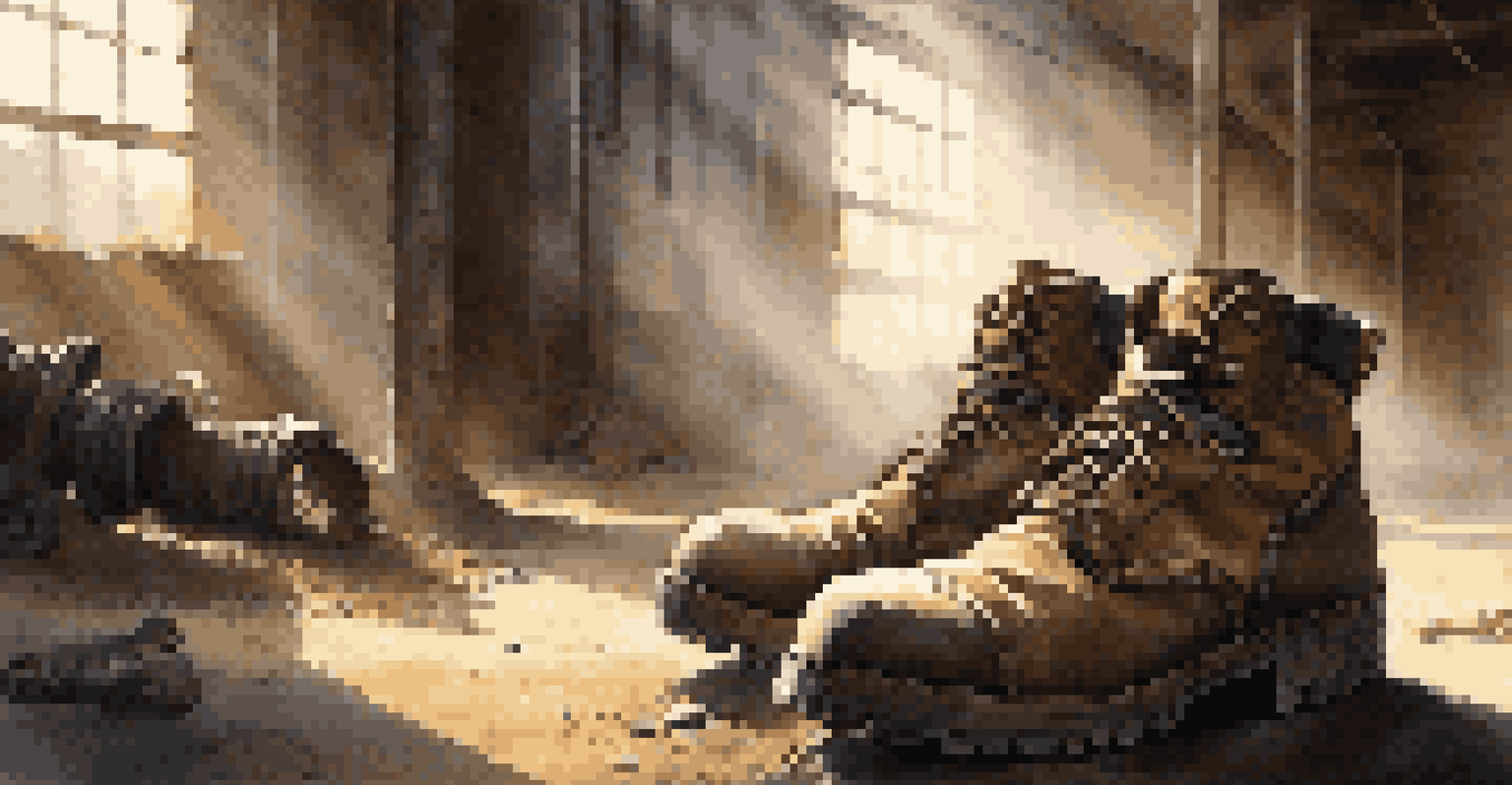 A close-up of hiking boots and gloved hands inside an old factory, with sunlight filtering through a broken window.