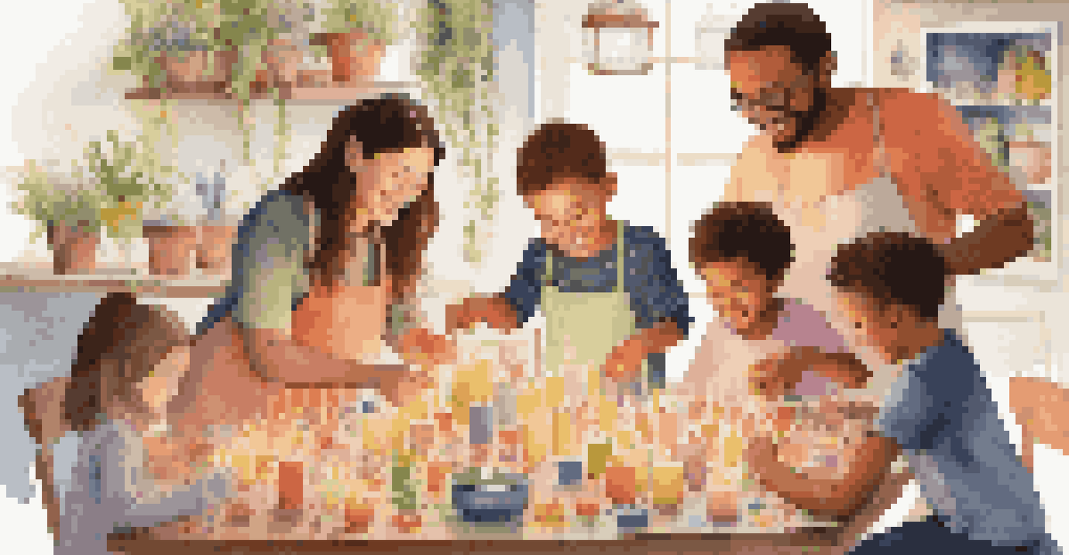 A family enjoying a candle-making activity together, with children pouring wax and colorful supplies scattered on the table.
