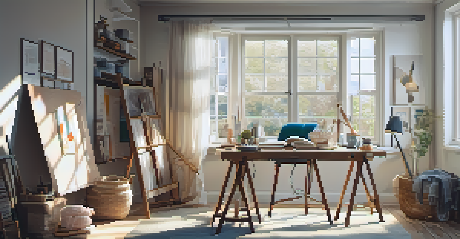 A cozy crafting space with a tufting frame and neatly arranged yarn, bathed in soft natural light from a window.