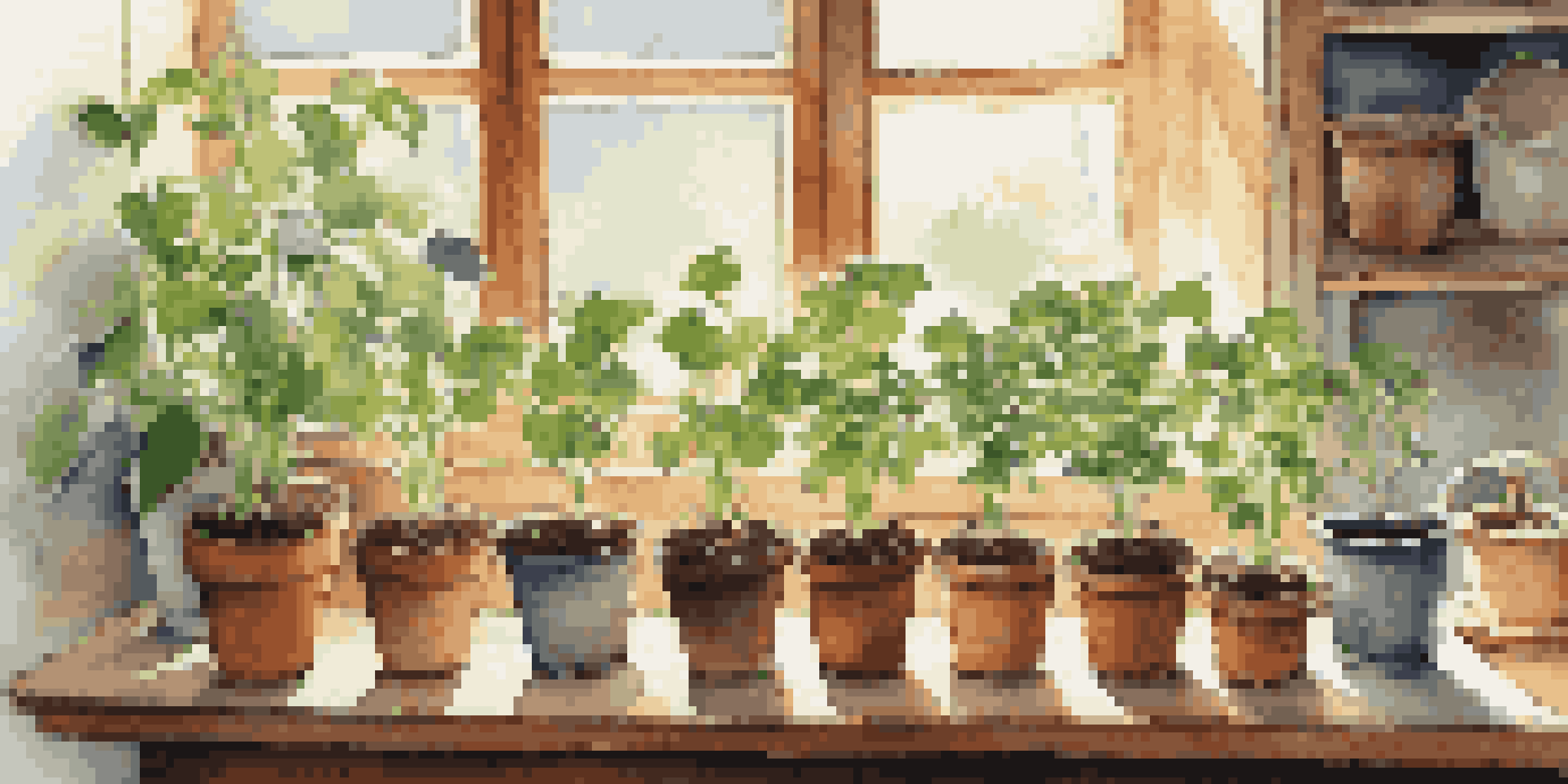 A warm indoor scene with small pots of seedlings growing in rich soil, illuminated by sunlight from a window, with gardening tools nearby.