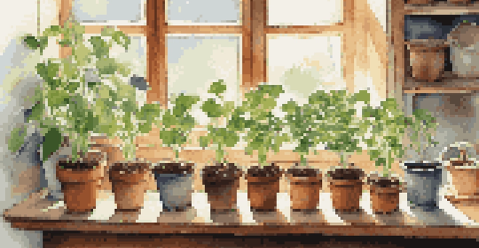 A warm indoor scene with small pots of seedlings growing in rich soil, illuminated by sunlight from a window, with gardening tools nearby.