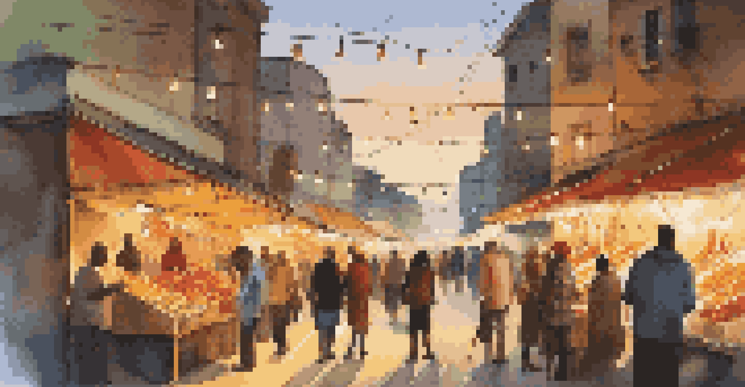 A lively market scene at dusk with stalls selling fresh produce and handmade crafts, illuminated by string lights.