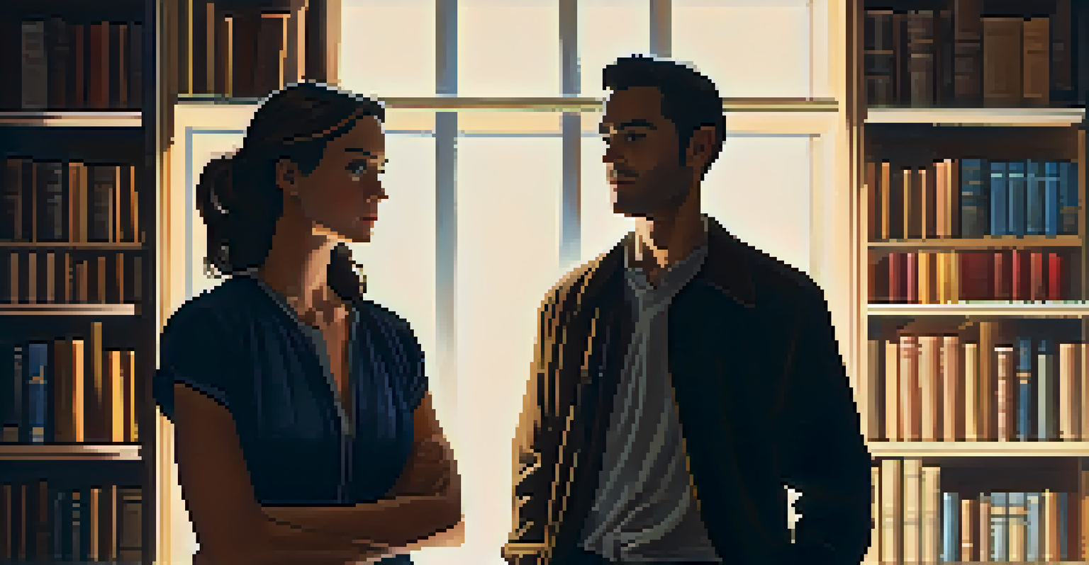 Two characters in a dimly lit room, one with crossed arms and the other gesturing, creating an intense emotional atmosphere with shadows.