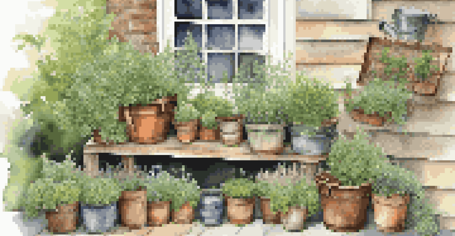 A colorful container garden on a patio with repurposed buckets and crates filled with herbs.
