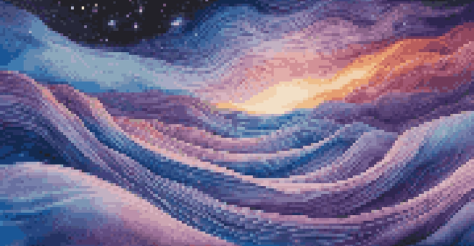 A cosmic landscape with rippling gravitational waves in space, surrounded by twinkling stars and an ethereal glow.