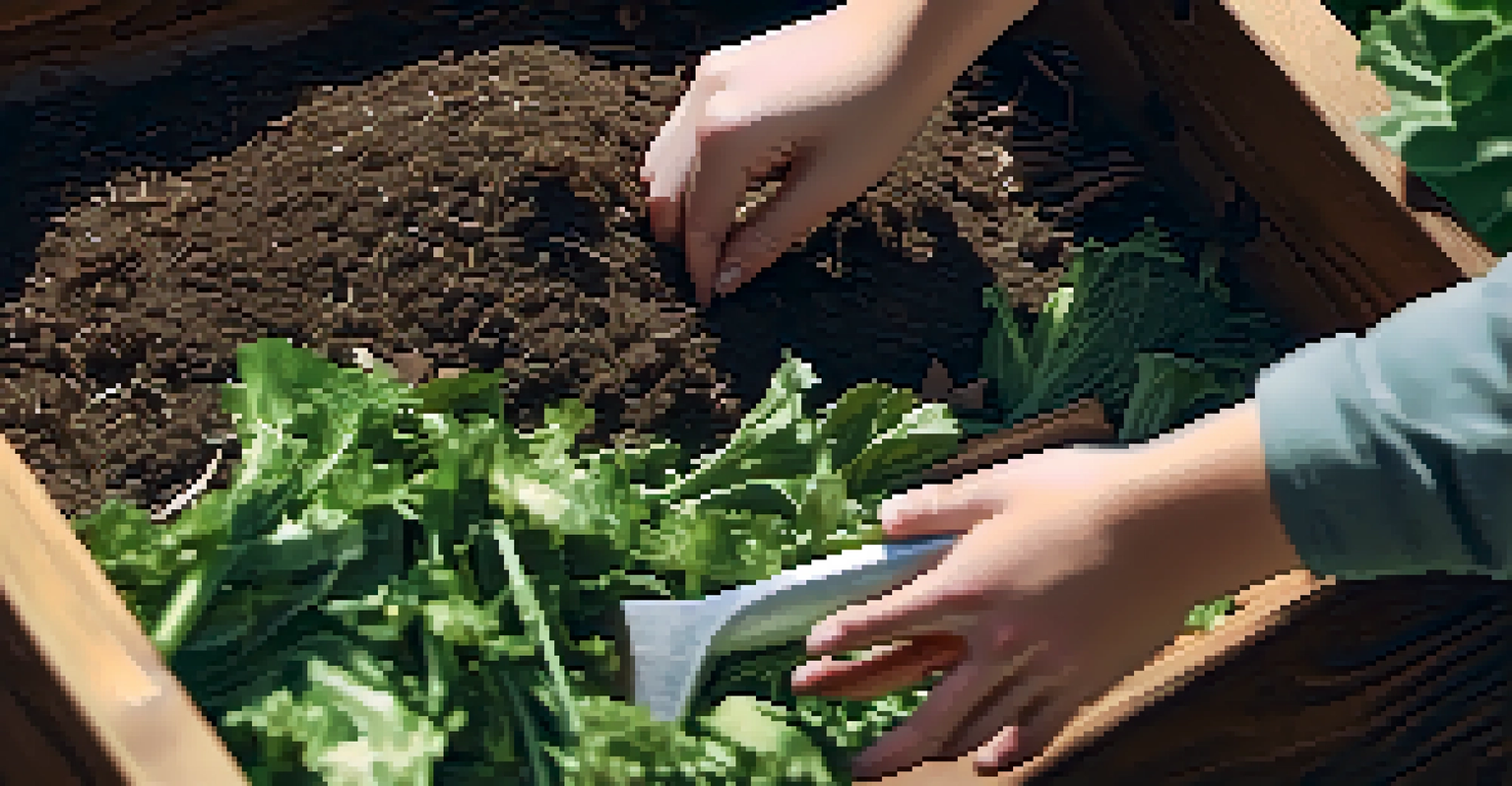 Close-up of hands mixing compost materials in a bin, featuring vegetable scraps and dried leaves, with a blurred garden background.
