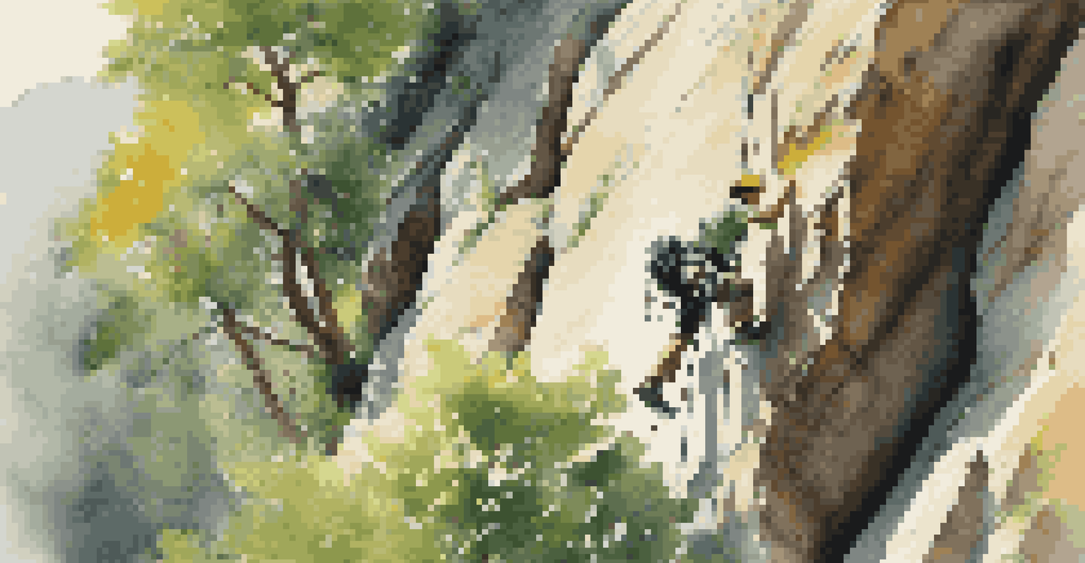 An aid climber placing gear on a steep cliff amidst greenery, using a ladder.