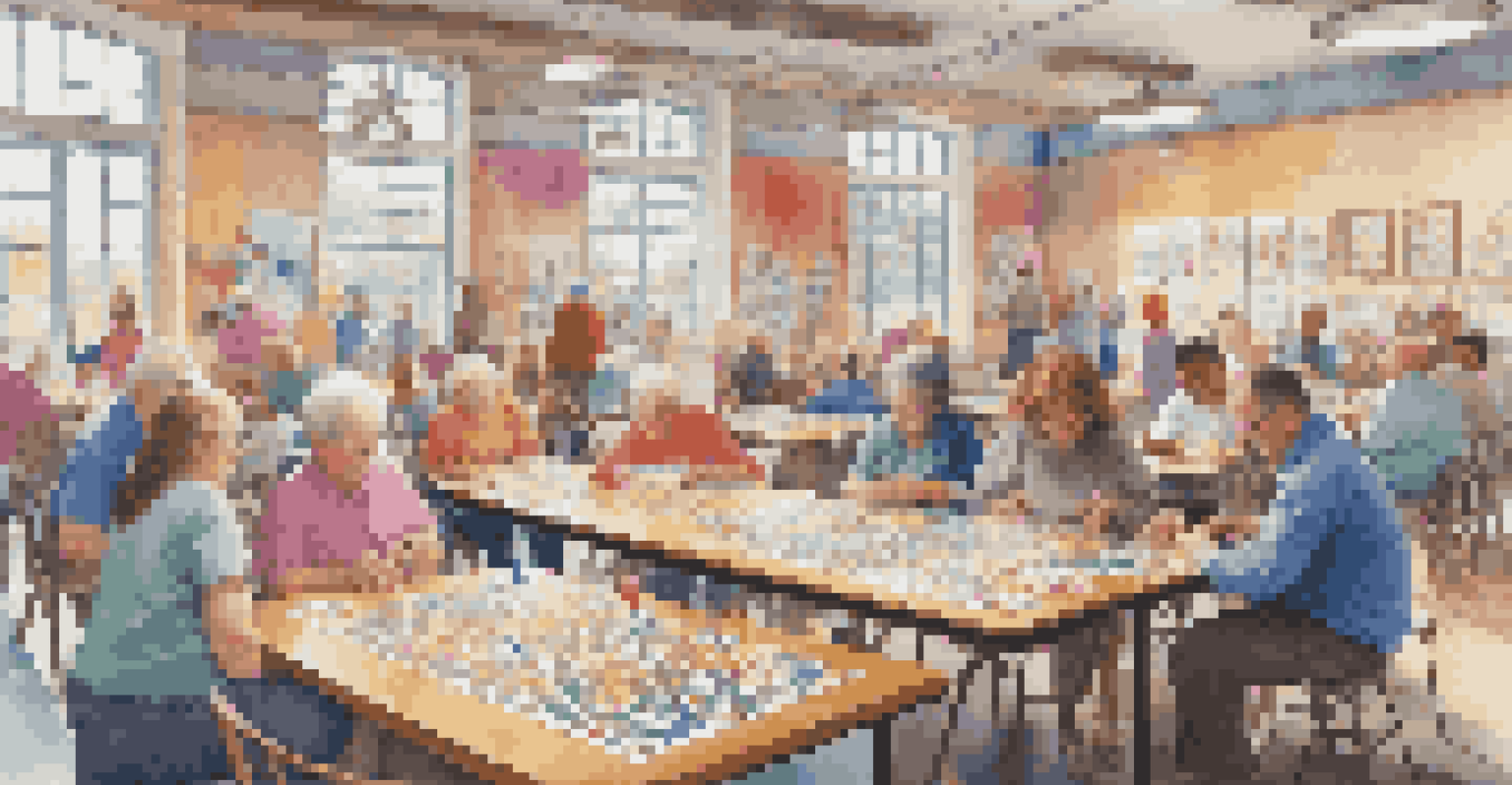 A community puzzle club meeting with people of all ages working together on puzzles in a bright room.