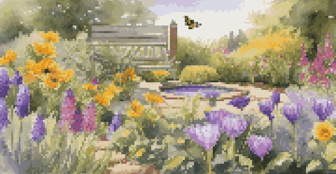 A colorful garden filled with blooming flowers, bees, and butterflies, with a birdbath in the background.