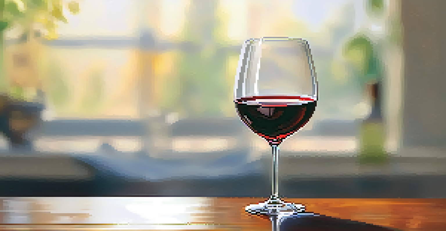 Close-up of a hand swirling a wine glass filled with red wine, showcasing its rich color and texture against a blurred background.