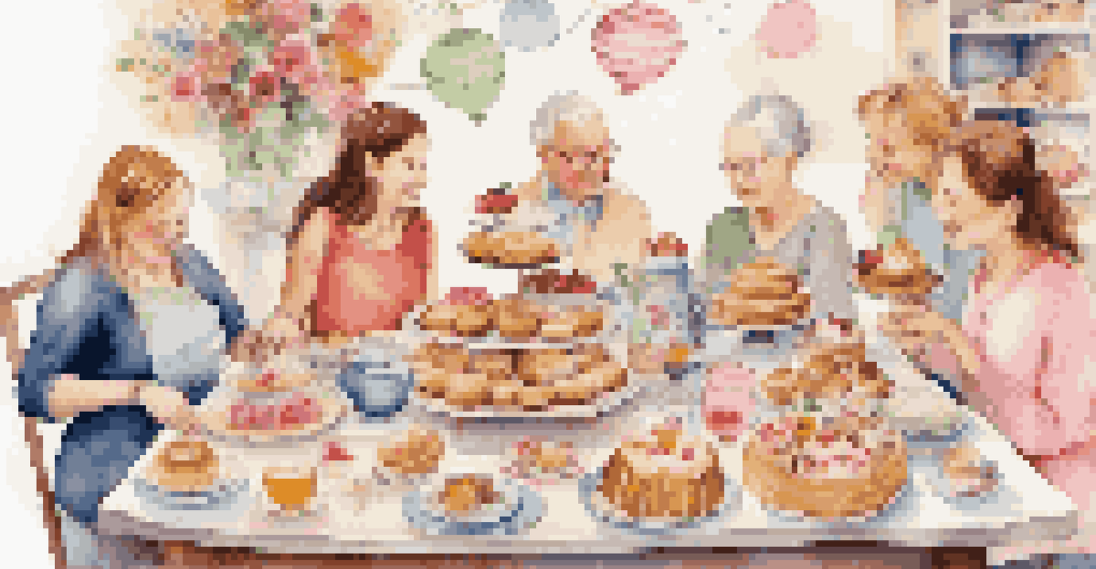 A cheerful family tea party with homemade pastries on the table, celebrating their baking efforts with smiles and joy.