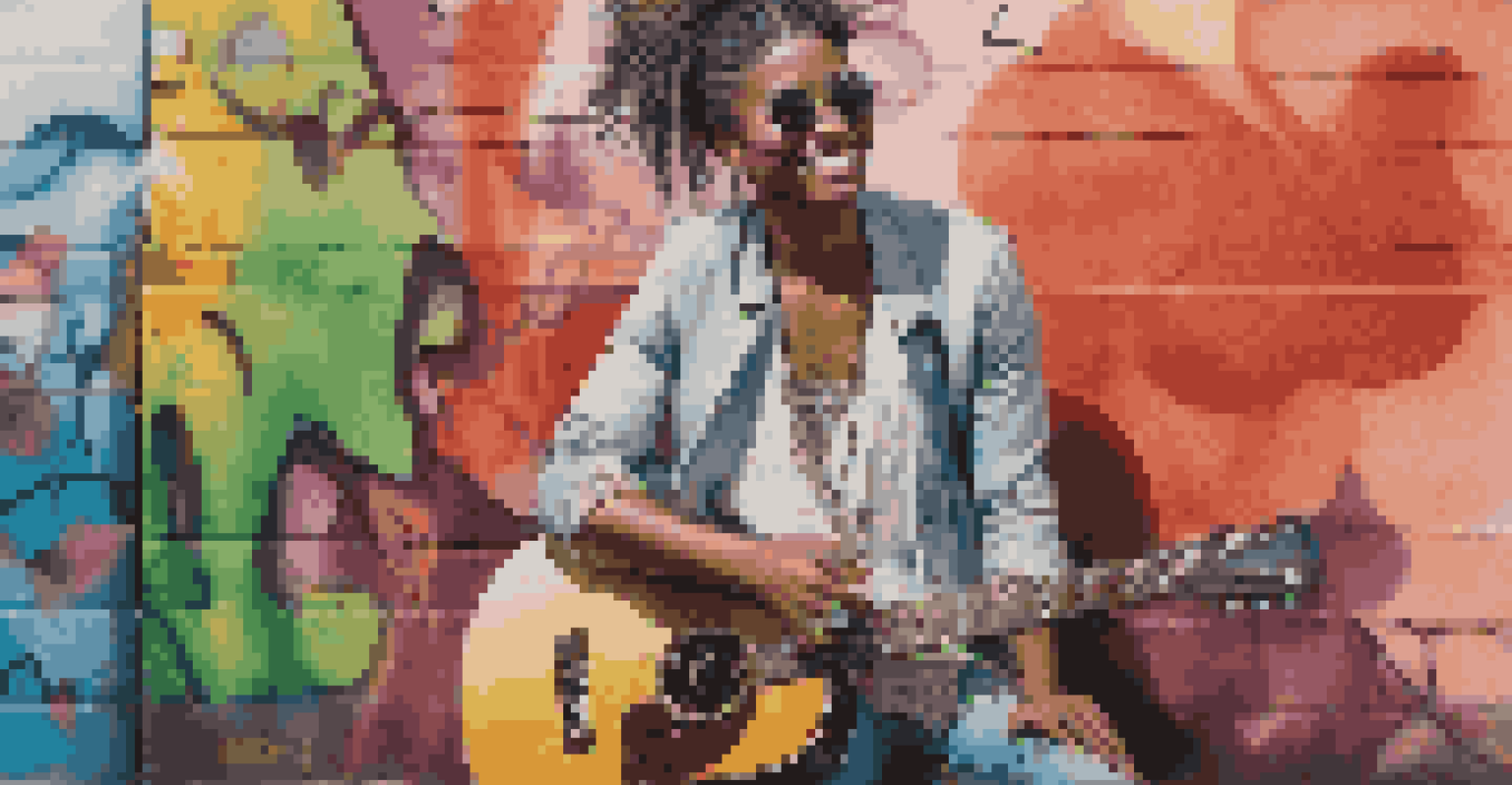 An artist with a guitar posing against a colorful graffiti wall, exuding confidence and urban style.